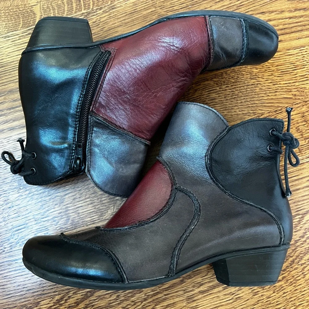 REMONTE DORNDORF Leather Patchwork Ankle Boots Boho Lagenlook‎ Red Colorblock 36